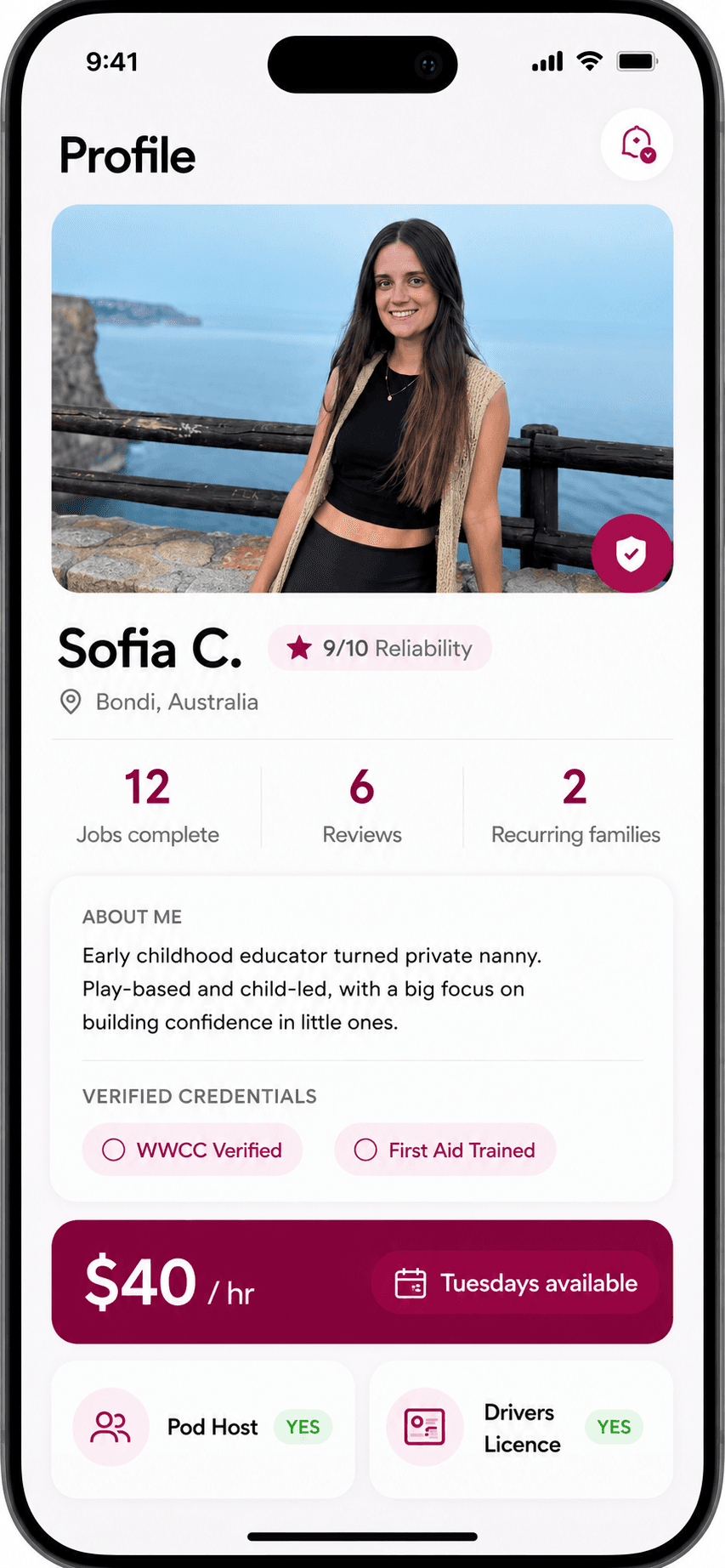 Caregiver profile with qualifications and hourly rate