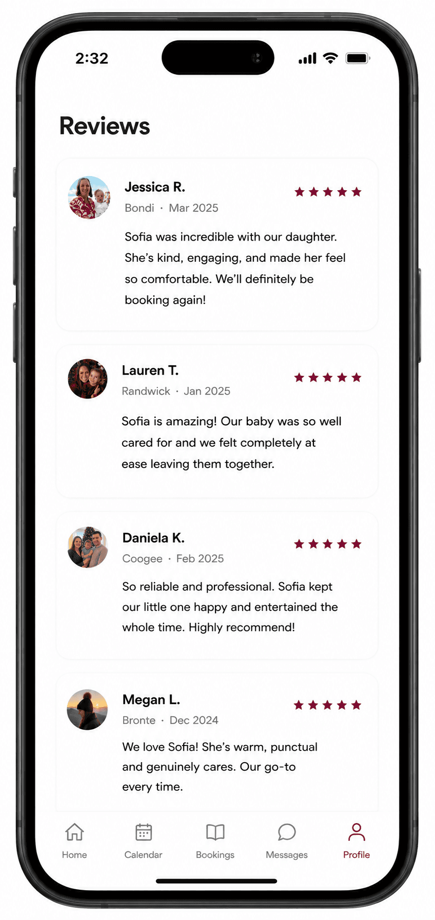 Reviews and reliability profile screen